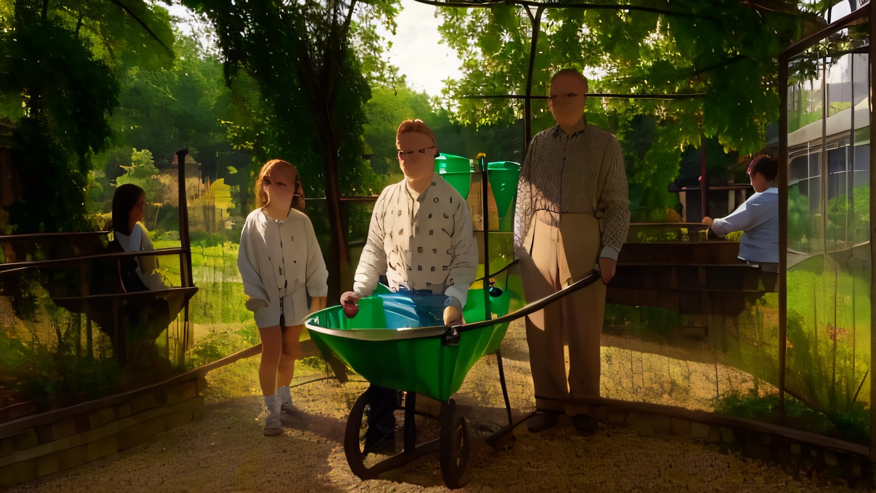 An uncanny reconstruction of people and a wheelbarrow in the same garden.